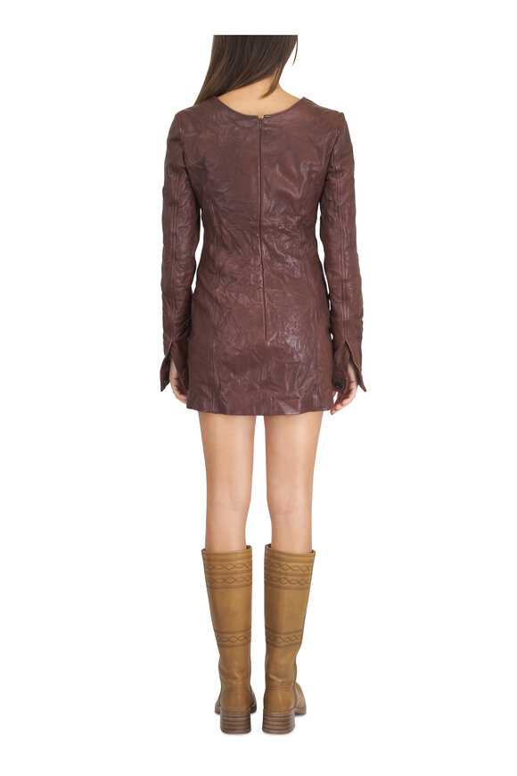 Miu Miu Coffee Leather Long Sleeve Mini Dress - view 3