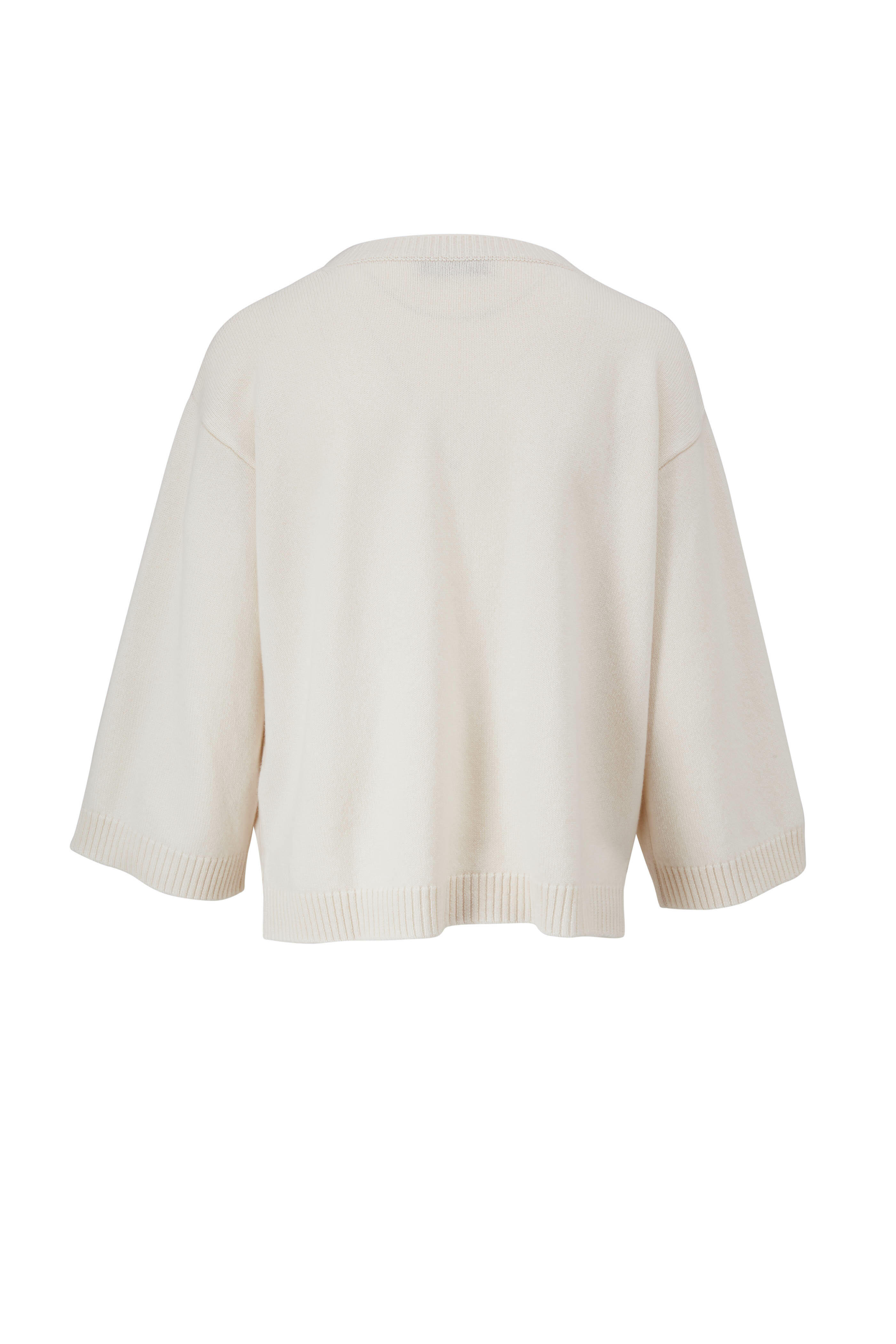 Valentino - Ivory Cashmere Gold Logo V-Neck Sweater