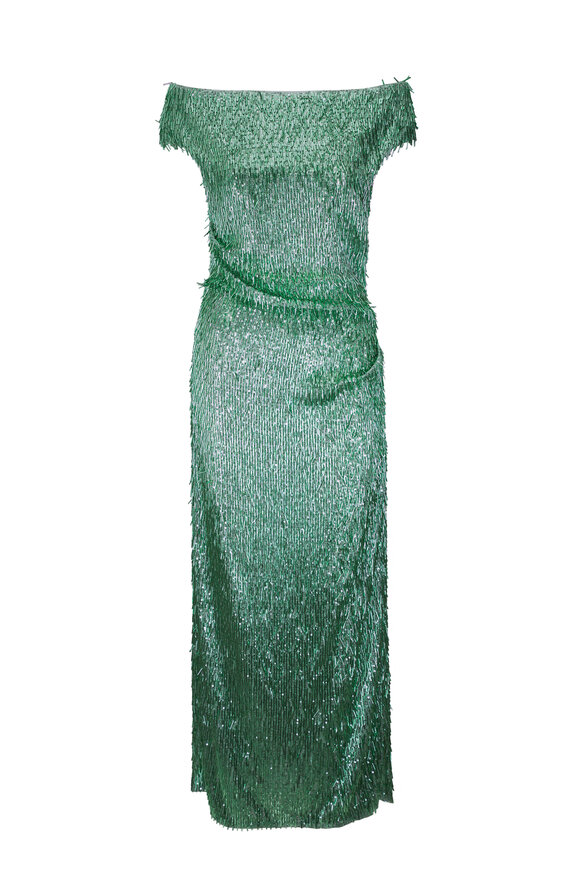 Erdem Mint Bugle Sequin Off-The-Shoulder Midi Dress