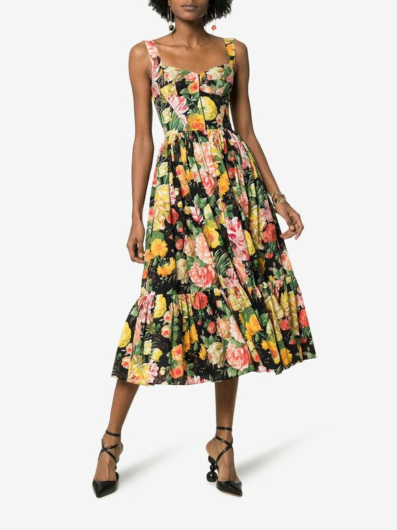 Dolce & Gabbana - Black & Yellow Floral Printed Fit-To-Flare Dress