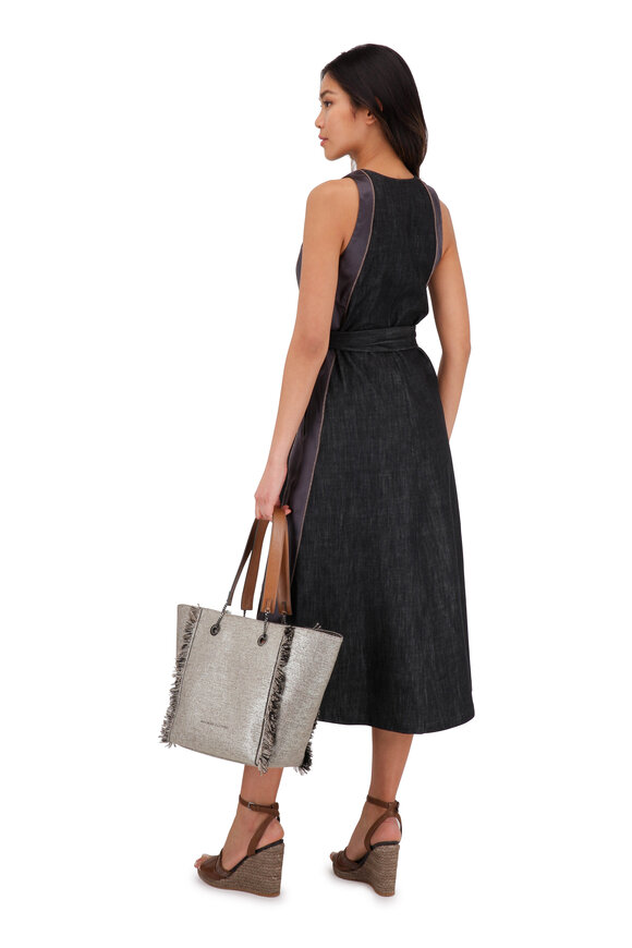 Brunello Cucinelli Platinum Metallic Woven & Leather Reversible Tote - view 5