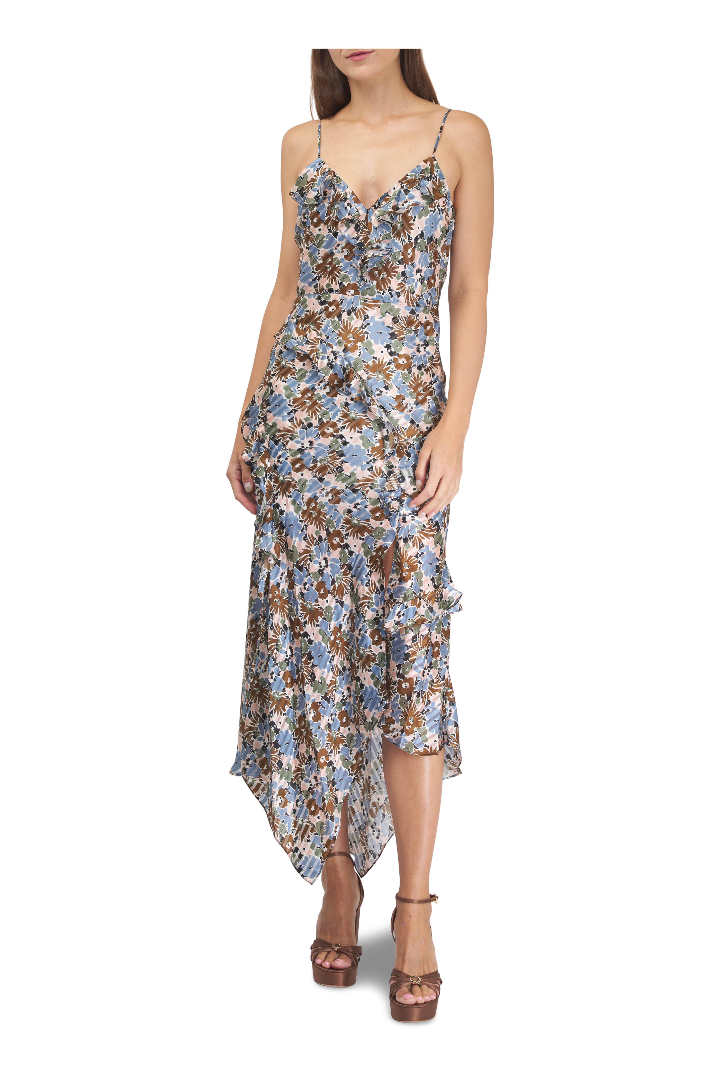 Veronica Beard - Avenel Lake Mist Multi Floral Ruffle Silk Dress