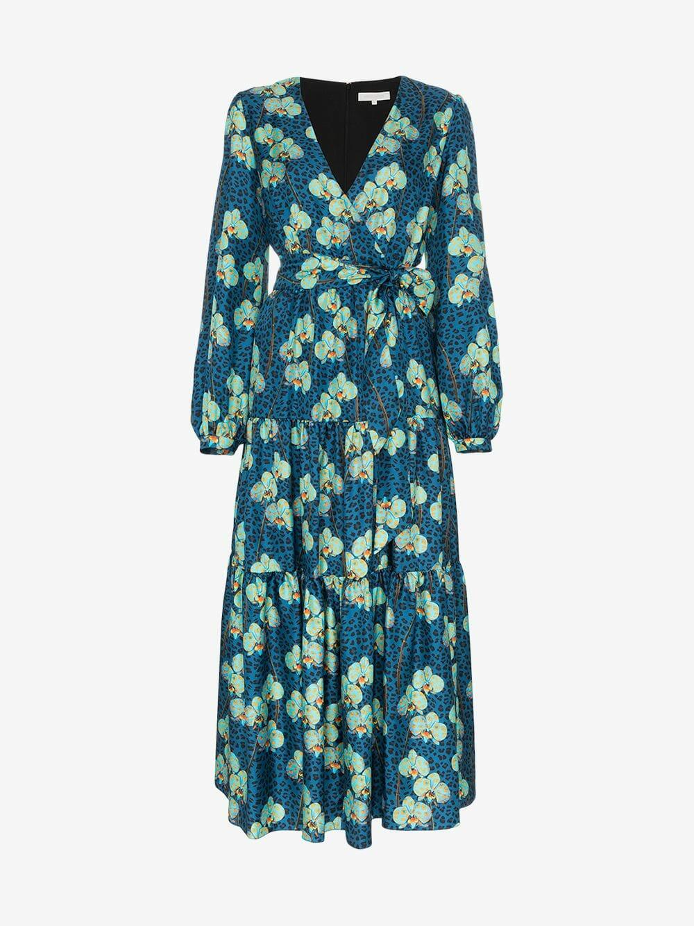 Borgo De Nor - Turquoise Silk Leopard Floral Print Maxi Dress