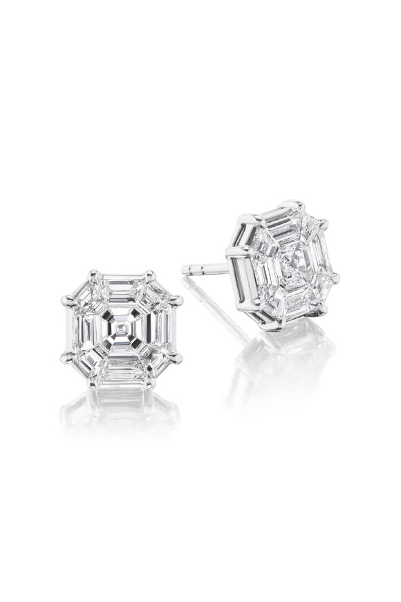 Nam Cho 18k White Diamond Mosaic Asscher Studs