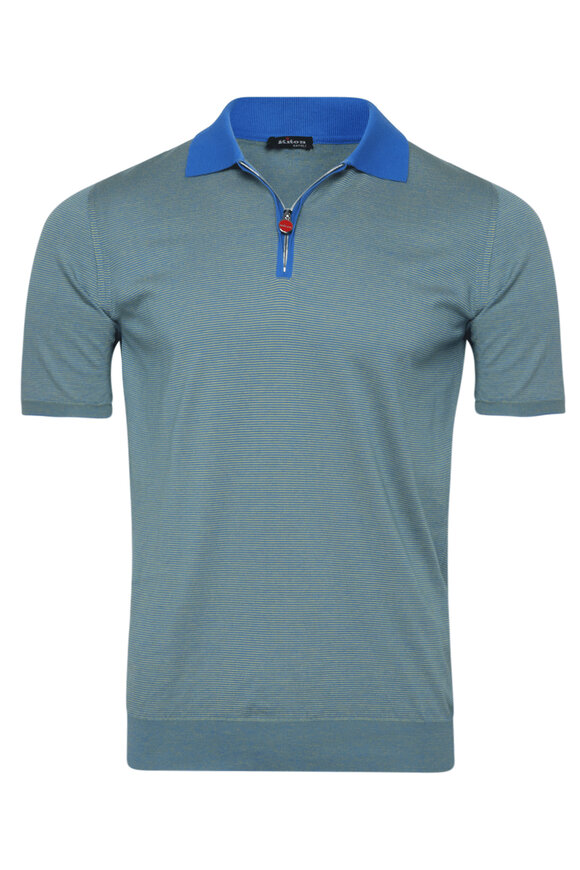 【送料&関税込】Kiton Short-sleeved Polo-zip Kiton - Blue Cashmere and Silk Quarter Zip Polo | Mitchell