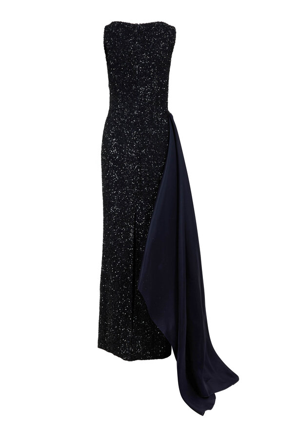 Olivine Gabbro - Navy Sequin Side-Draped Sleeveless Gown