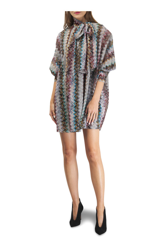 Missoni - Multicolor ZigZag Tie Neck Mini Dress