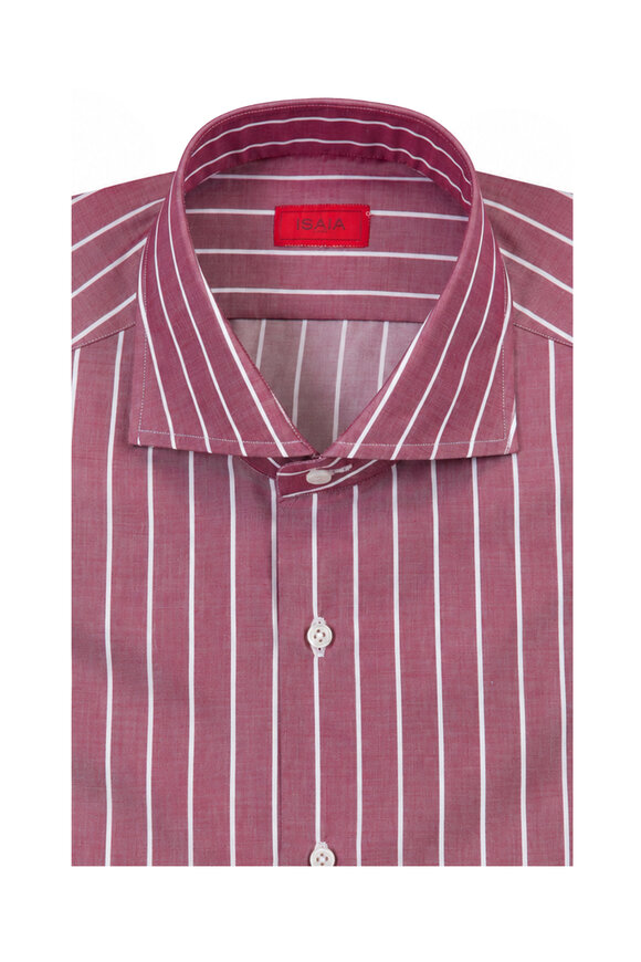 Isaia Burgundy & White Stripe Cotton Sport Shirt - view 1