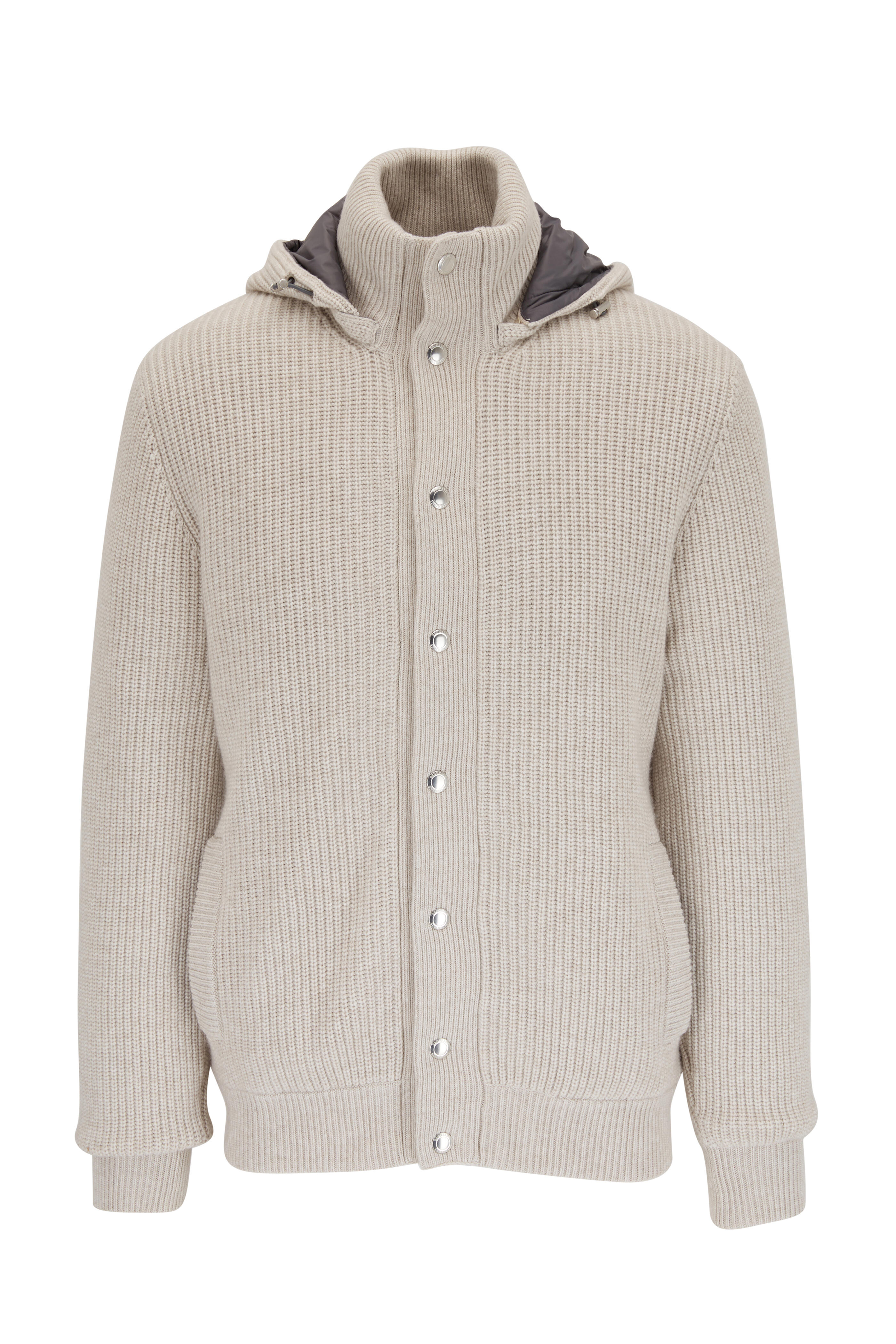 Brunello Cucinelli - Beige Cashmere Knit Outerwear Hooded Jacket