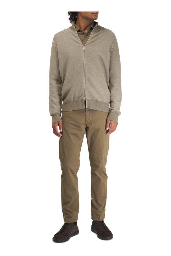 Zegna - Olive Gabardine Five Pocket Pant