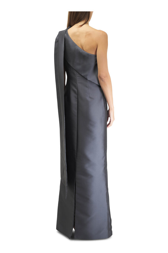 Olivine Gabbro - Charcoal Gray Ribbon One-Shoulder Evening Gown