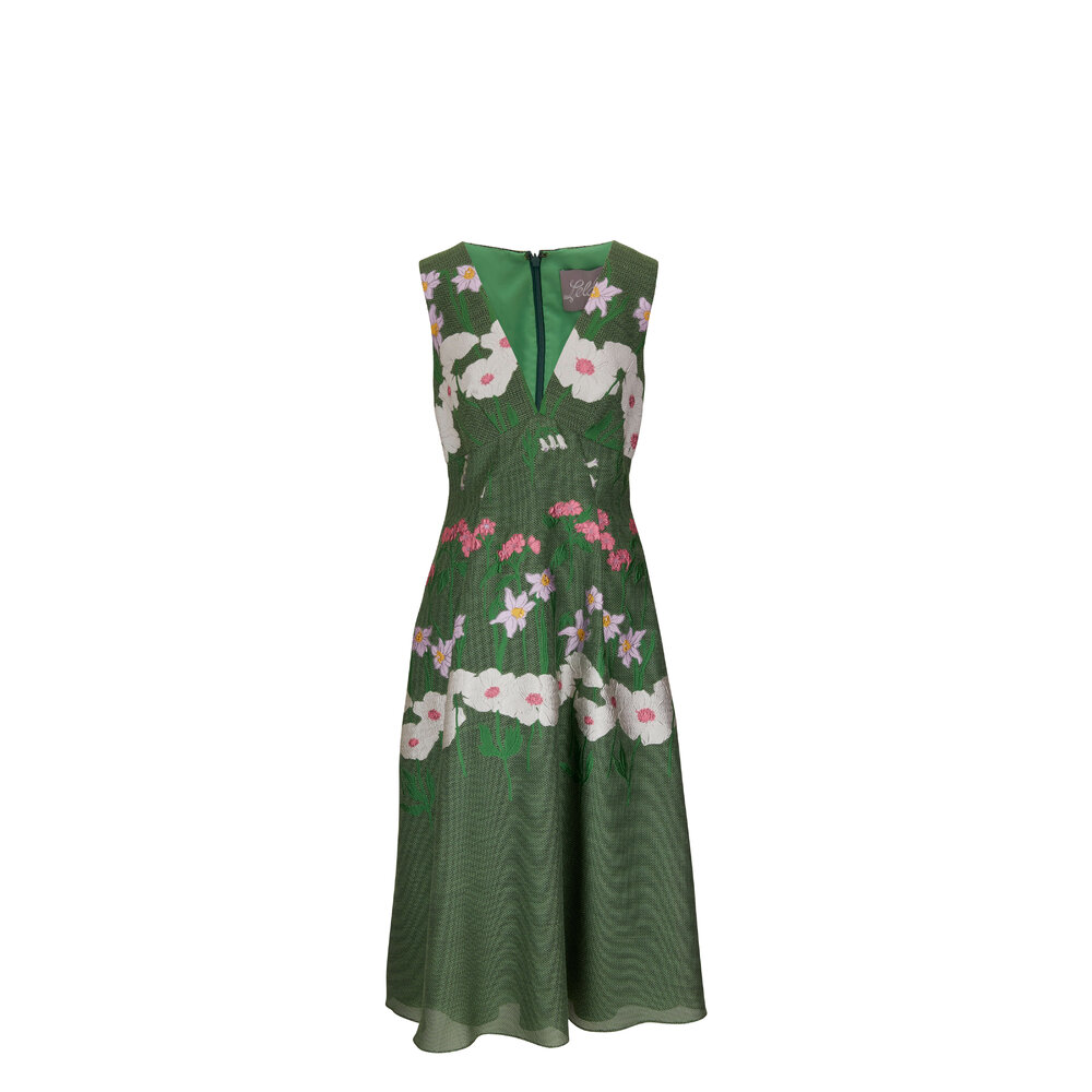 Lela Rose - Garden Fil Coupe Kelly Green V-Neck Midi Dress