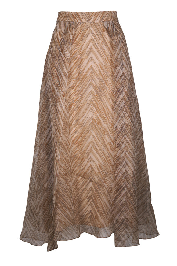 Brunello Cucinelli Beige Chevron Print Silk Paneled Circle Skirt