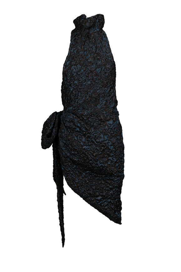 Balmain Blue Floral Jacquard Asymmetrical Drape Midi Dress - view 2