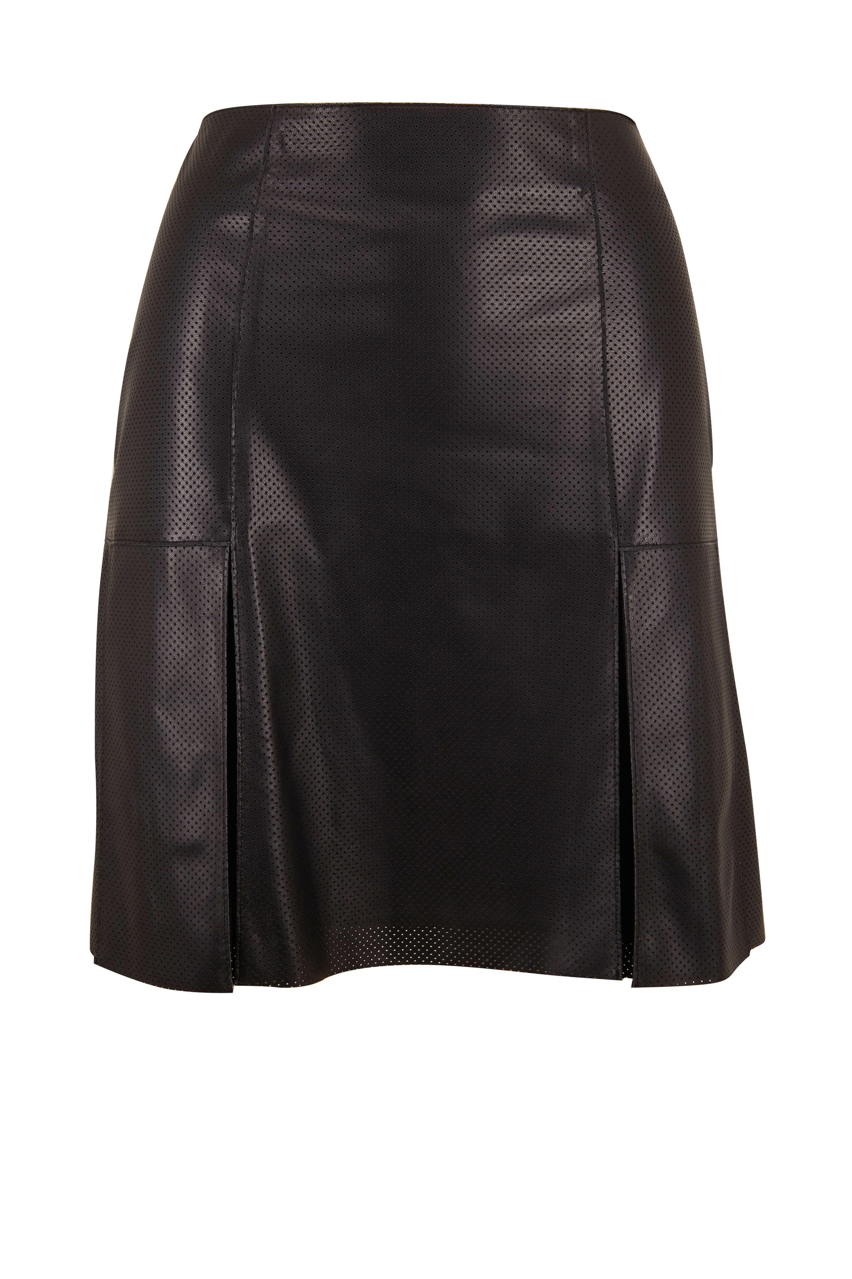 Akris Punto - Black Perforated Leather Front Mini Skirt