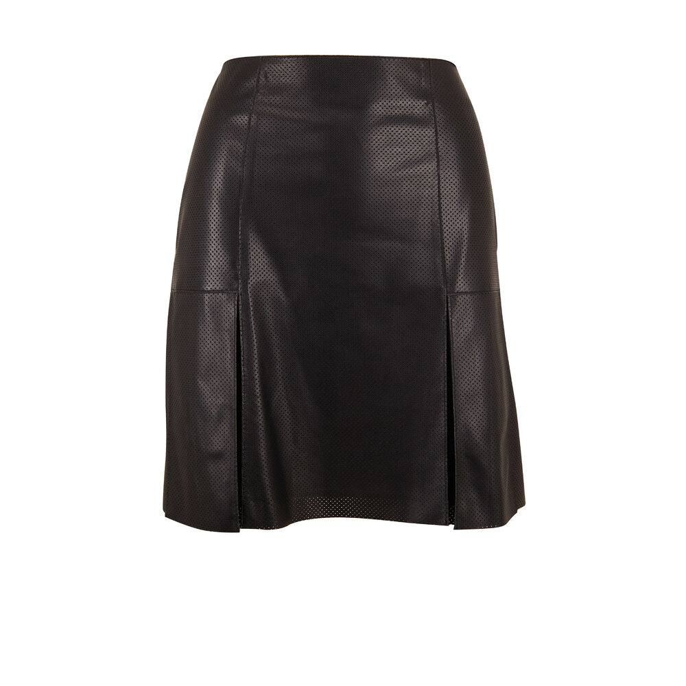 Akris Punto - Black Perforated Leather Front Mini Skirt