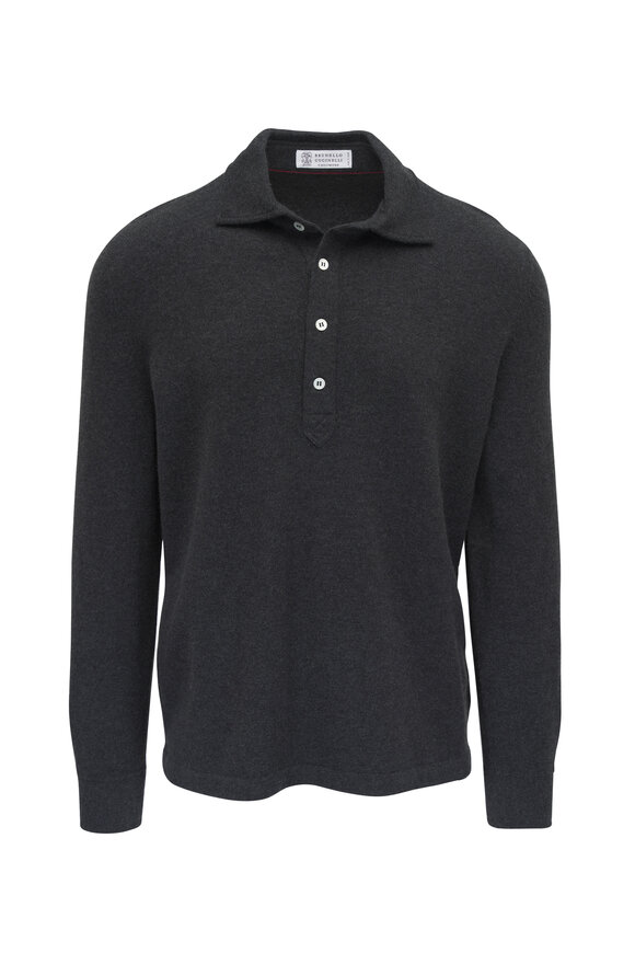 Brunello Cucinelli Dark Gray Cashmere Long Sleeve Polo