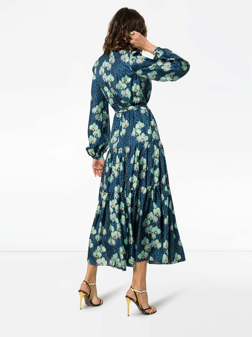 Borgo De Nor - Turquoise Silk Leopard Floral Print Maxi Dress