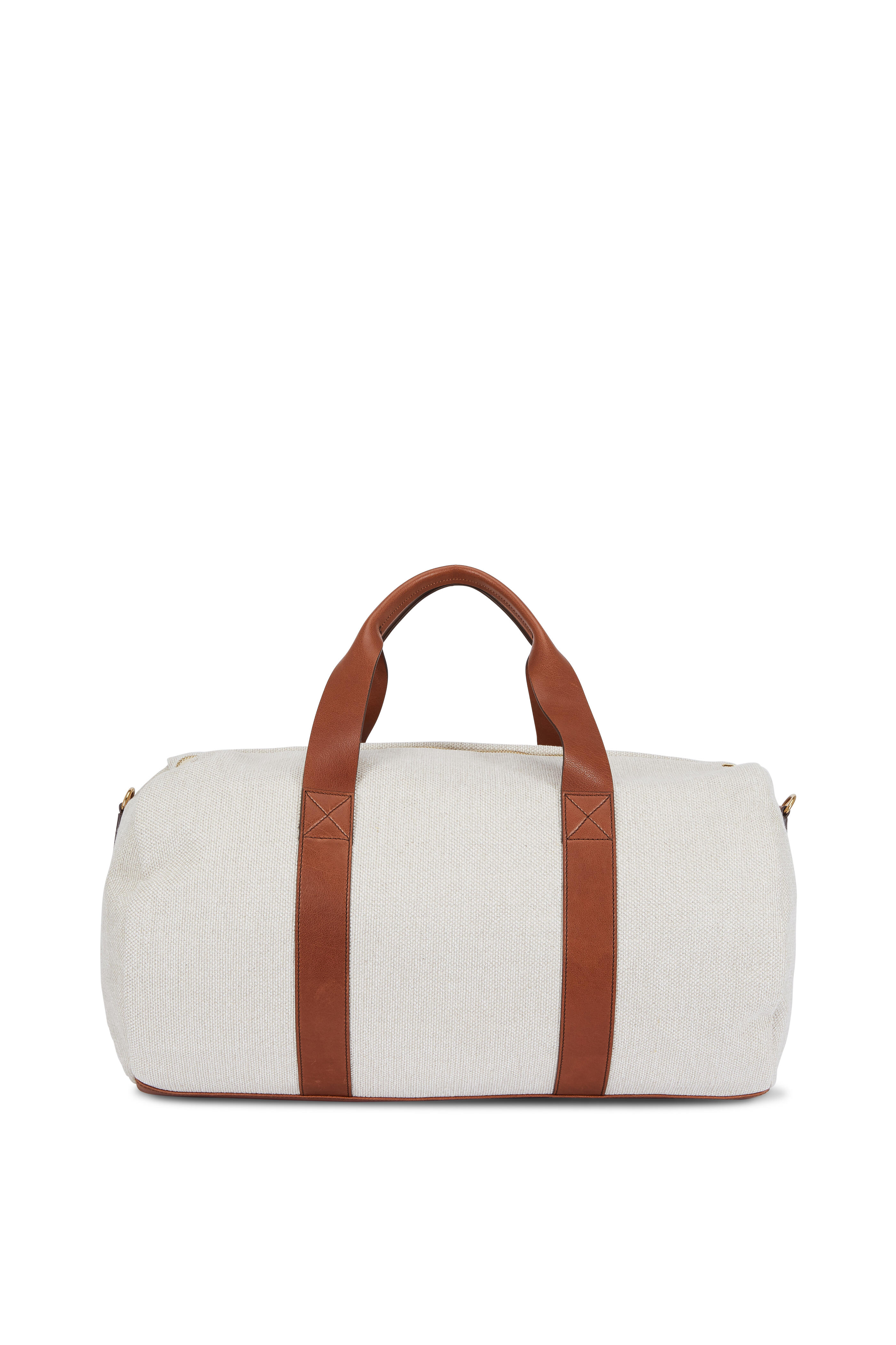 Grey Pure Linen Fabric Multi-Coloured Embroidered Mini Duffle Bag with Real  Brown Leather