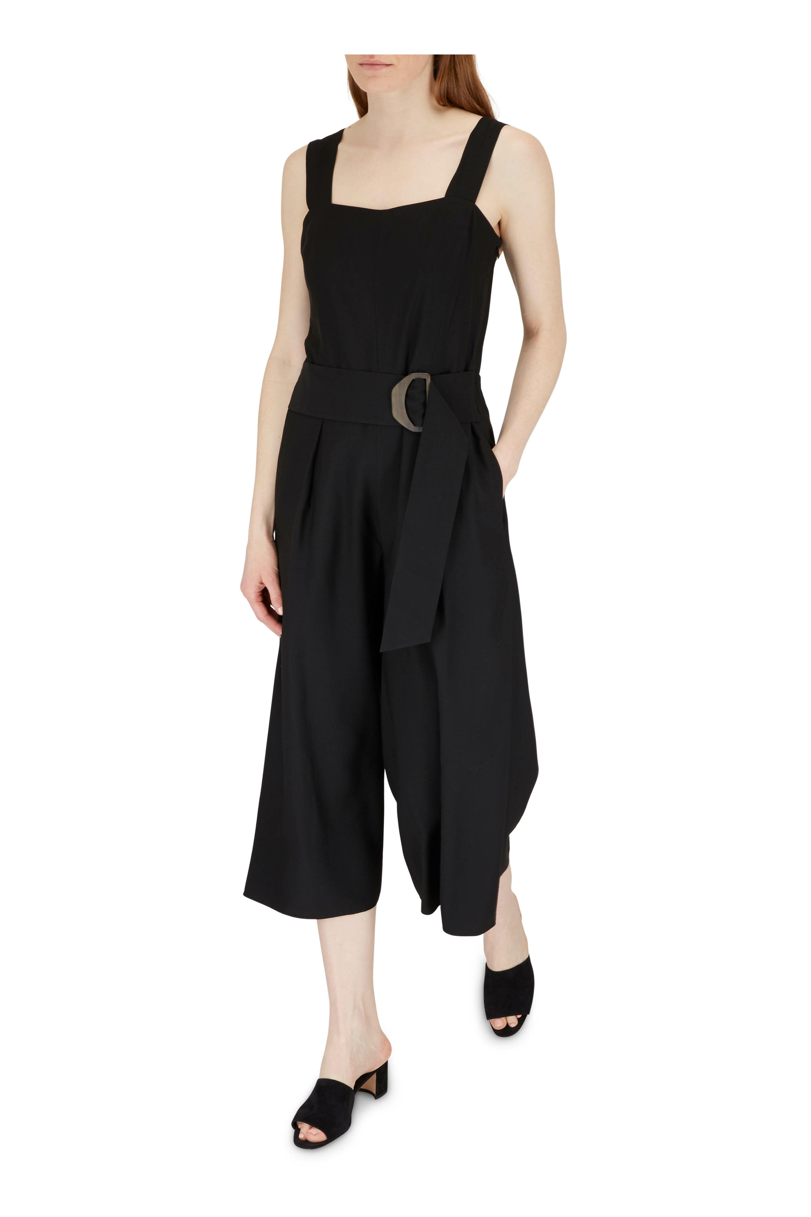 Vince - Black Sleeveless Belted Wide Leg Jumpsuit