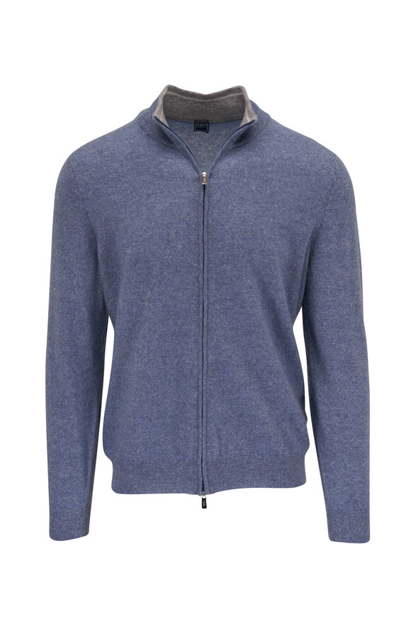 Fedeli Denim Blue Cashmere & Linen Full Zip Sweater 