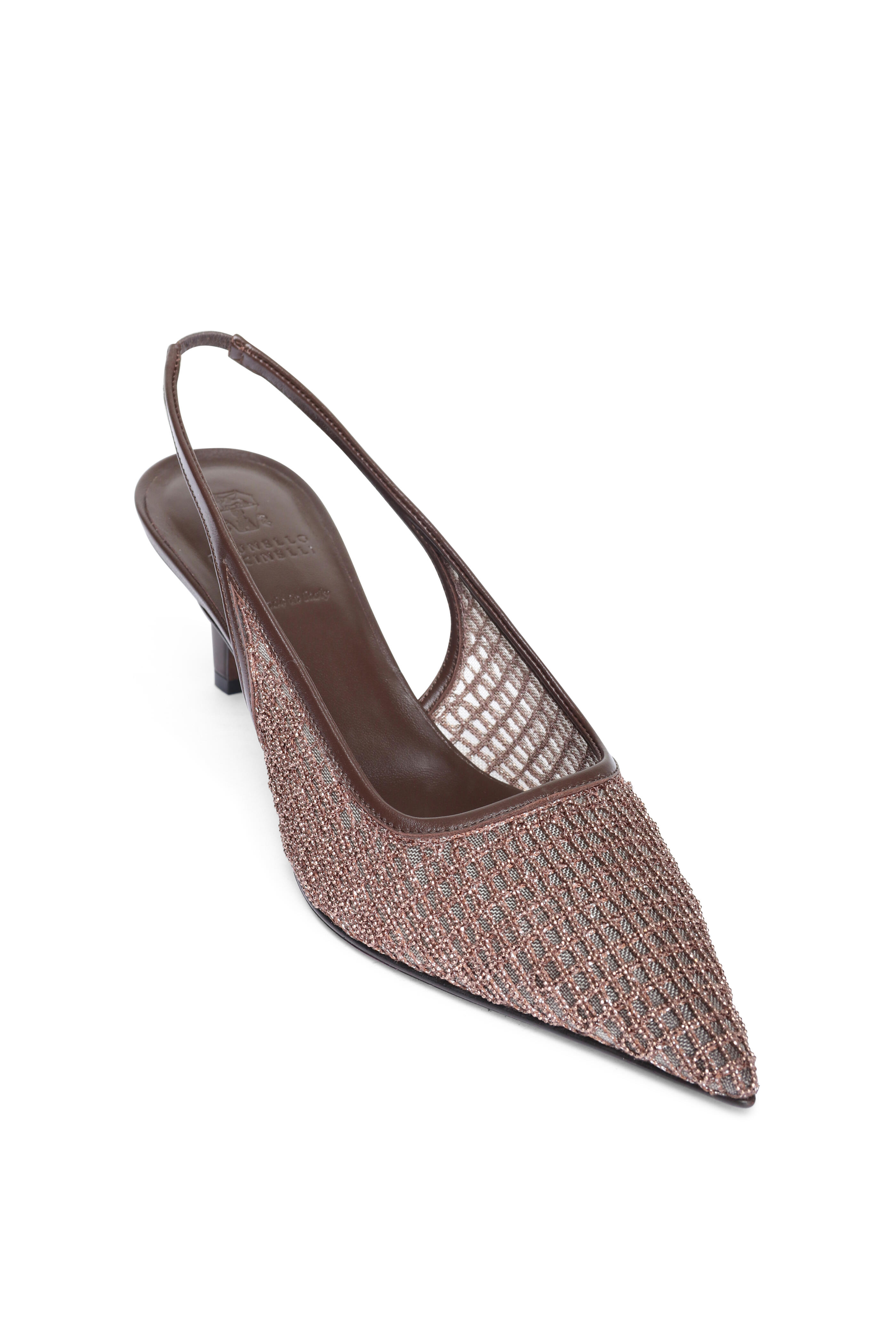 Brunello Cucinelli - Embroidery Dark Brown Net City Slingback, 55mm