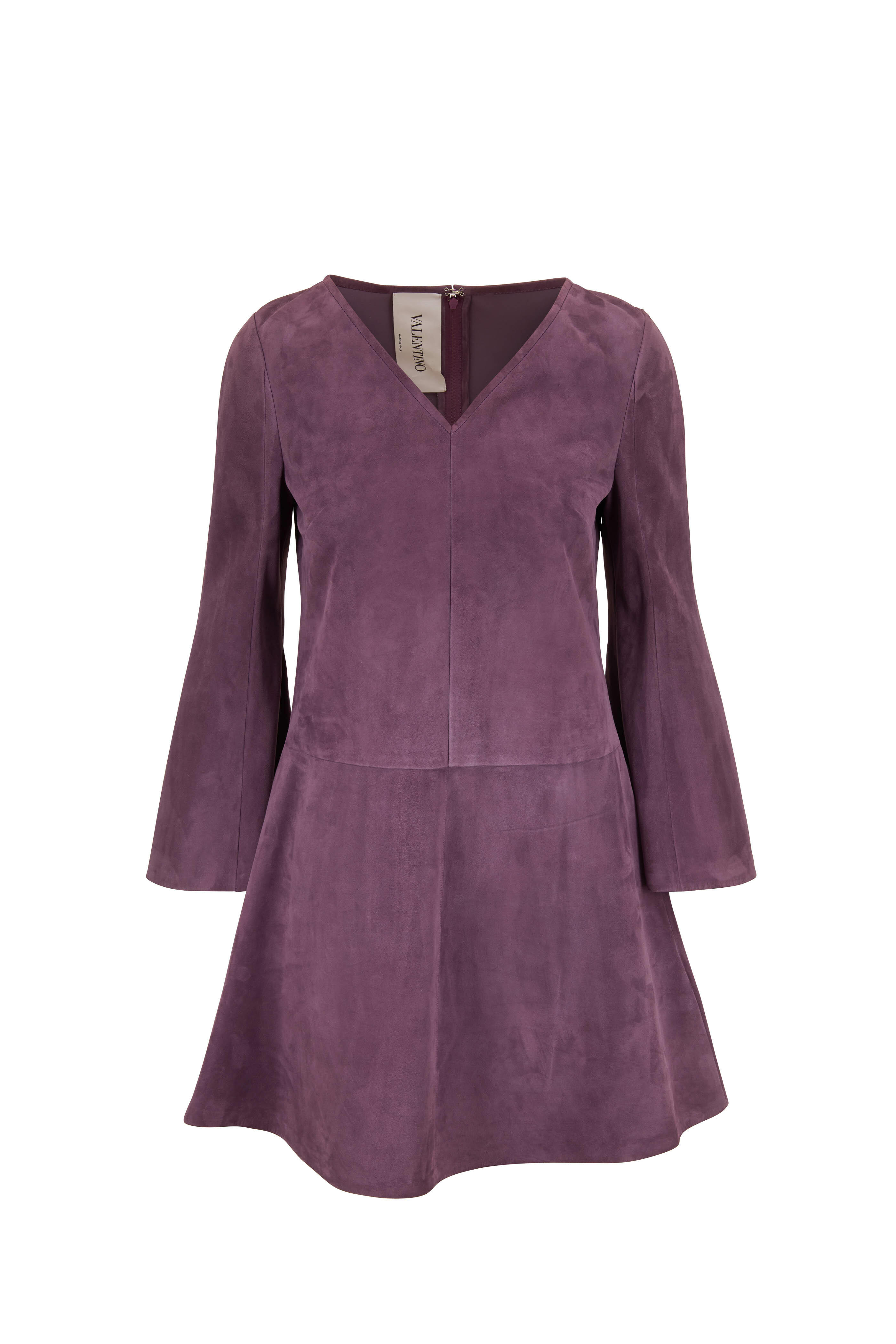 Valentino - Violet Suede V-Neck Bell Sleeve Dress