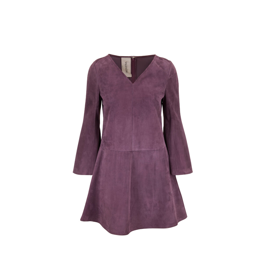 Valentino - Violet Suede V-Neck Bell Sleeve Dress