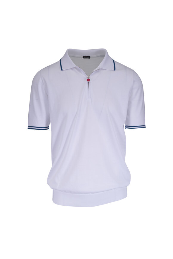 Kiton White & Blue Tipped Cotton Quarter Zip Pullover