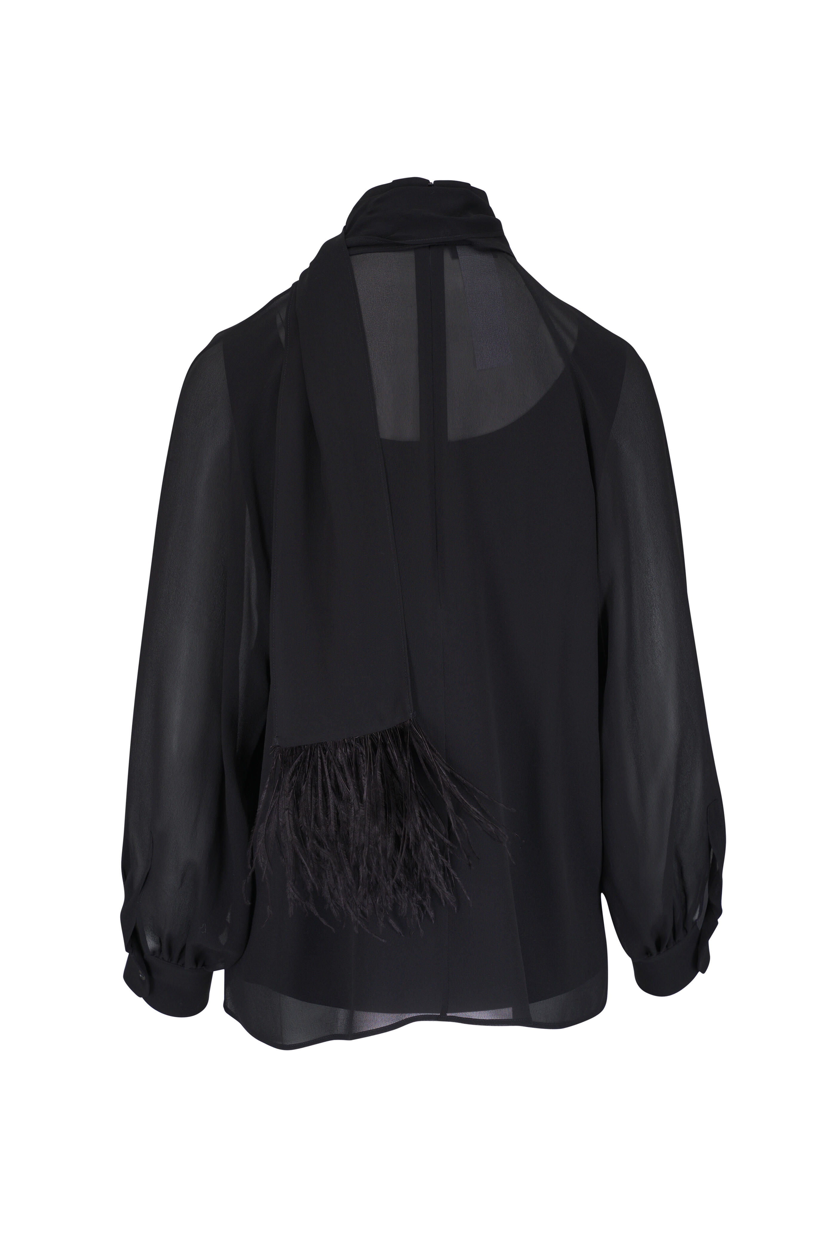 Akris - Black Feathered Scarf Mock Neck Blouse