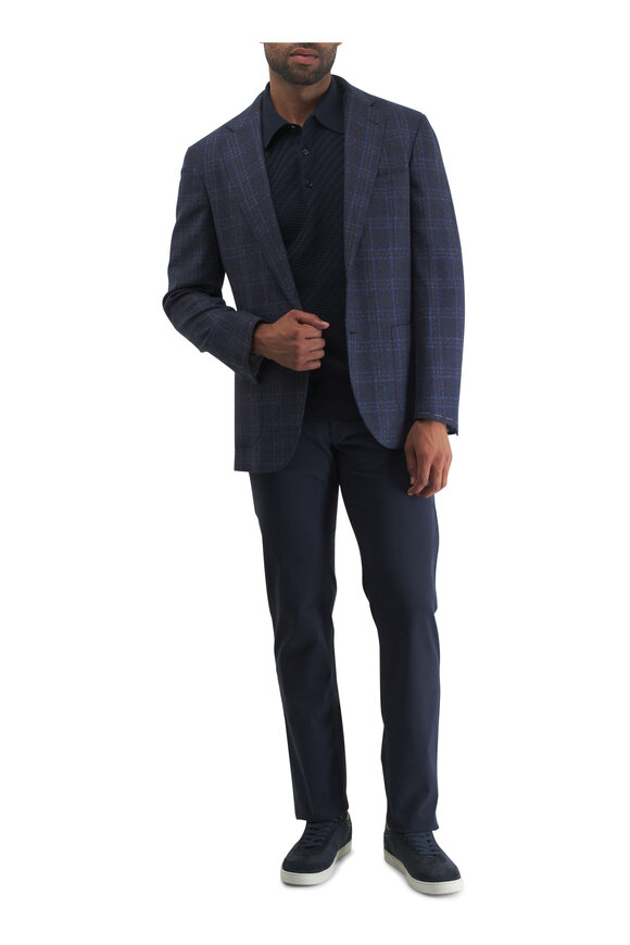 Brioni Trama Silk Navy Blue Textured Short Sleeve Polo - view 2