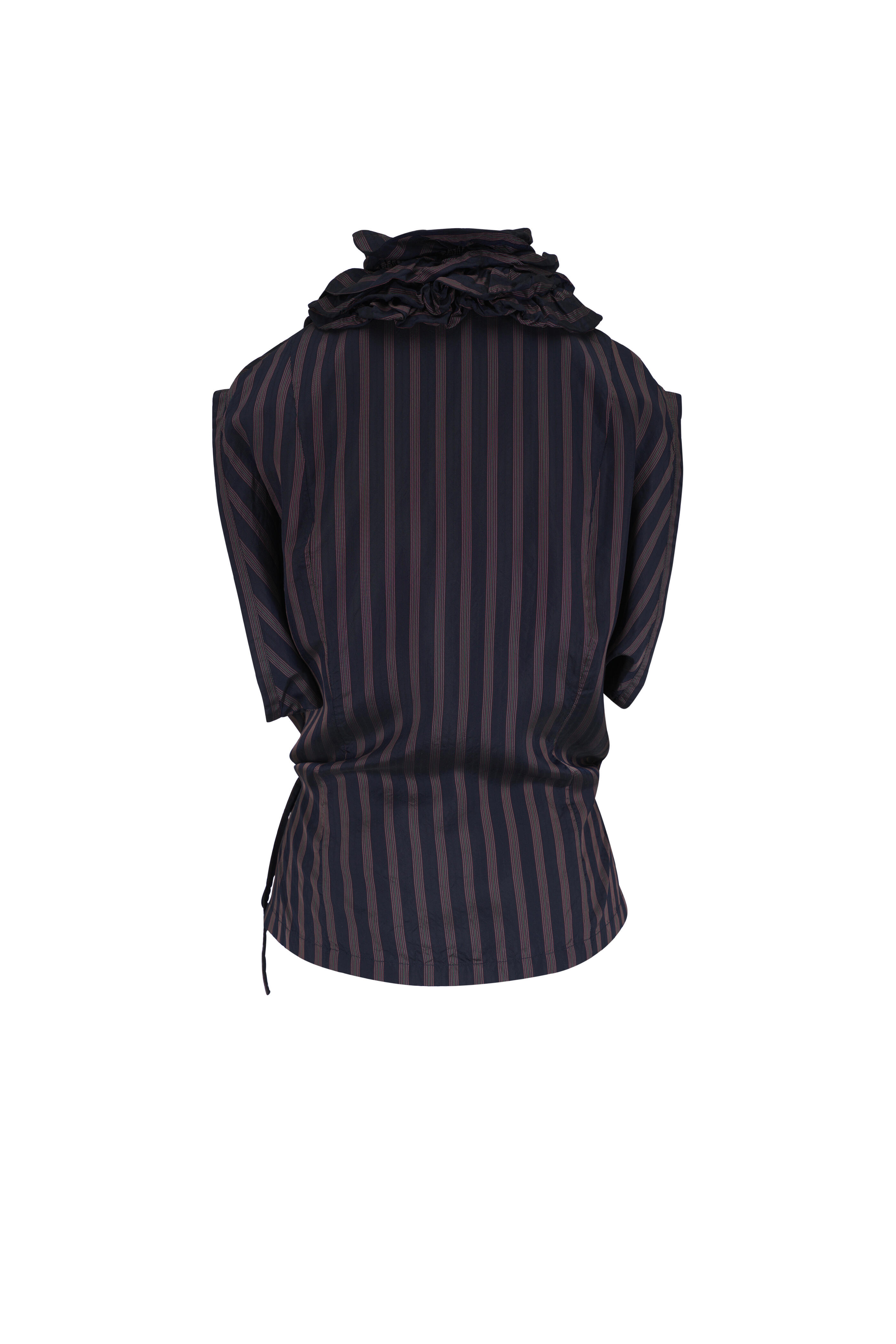 Dries Van Noten - Clematis Navy Blue Stripe Sleeveless Ruffle Top