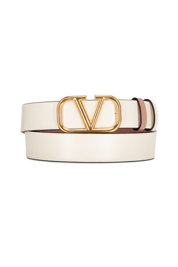 【関税&送料込】Valentino Garavani Ivory Leather Vlogo Belt Valentino Garavani - VLogo Light Ivory & Rose Leather Belt