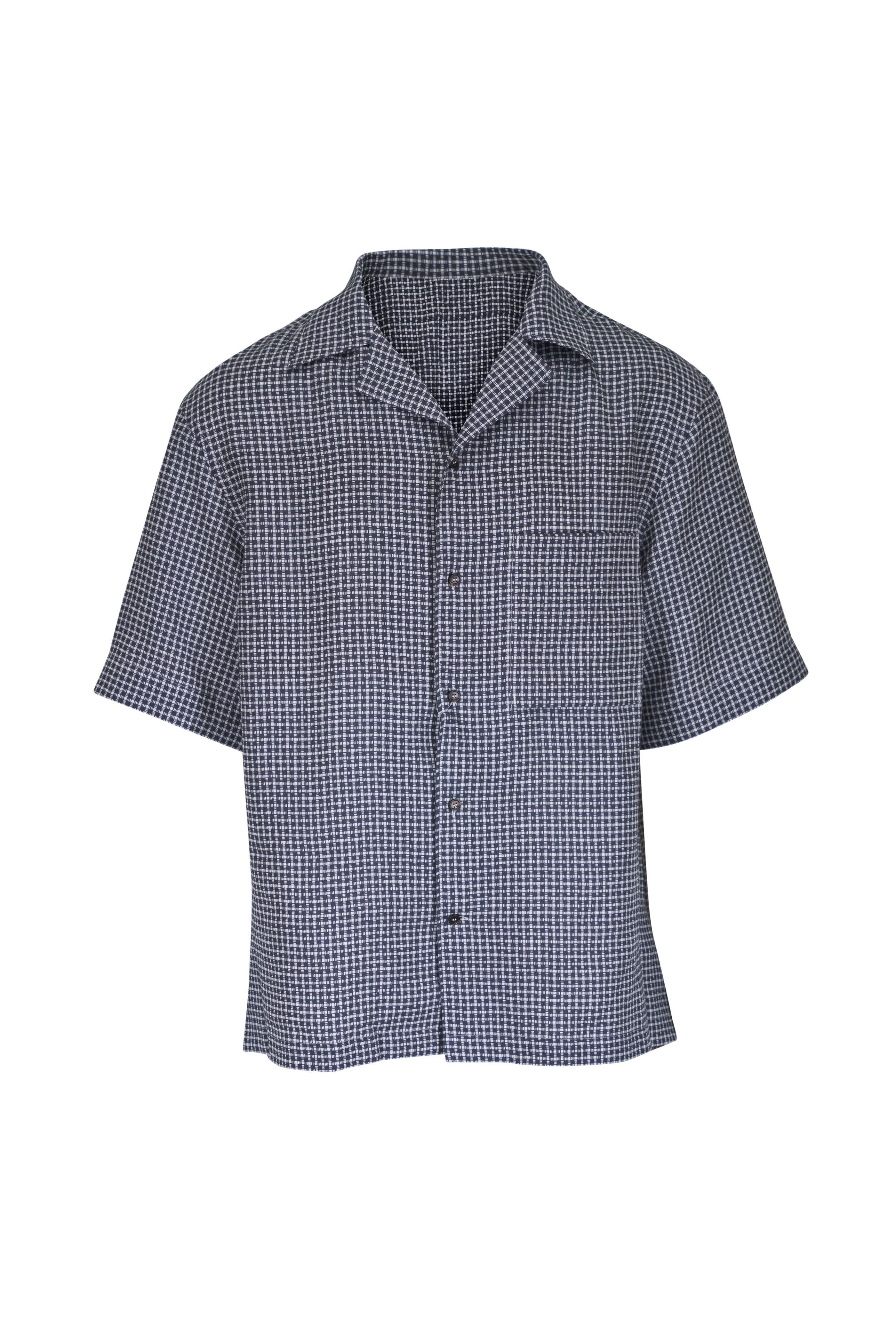 Loro Piana - Federico Blue & White Check Linen Camp Shirt - view 1