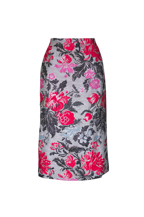 Carolina Herrera - Gray Multi Jacquard Floral Metallic Midi Skirt 