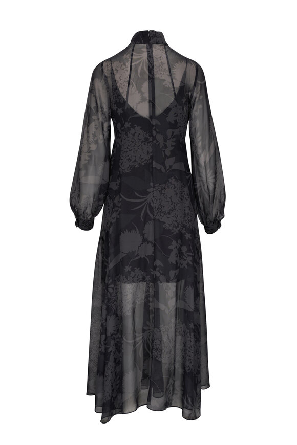 Akris - Black & Gray Sheer Silk Printed Floral Gown 