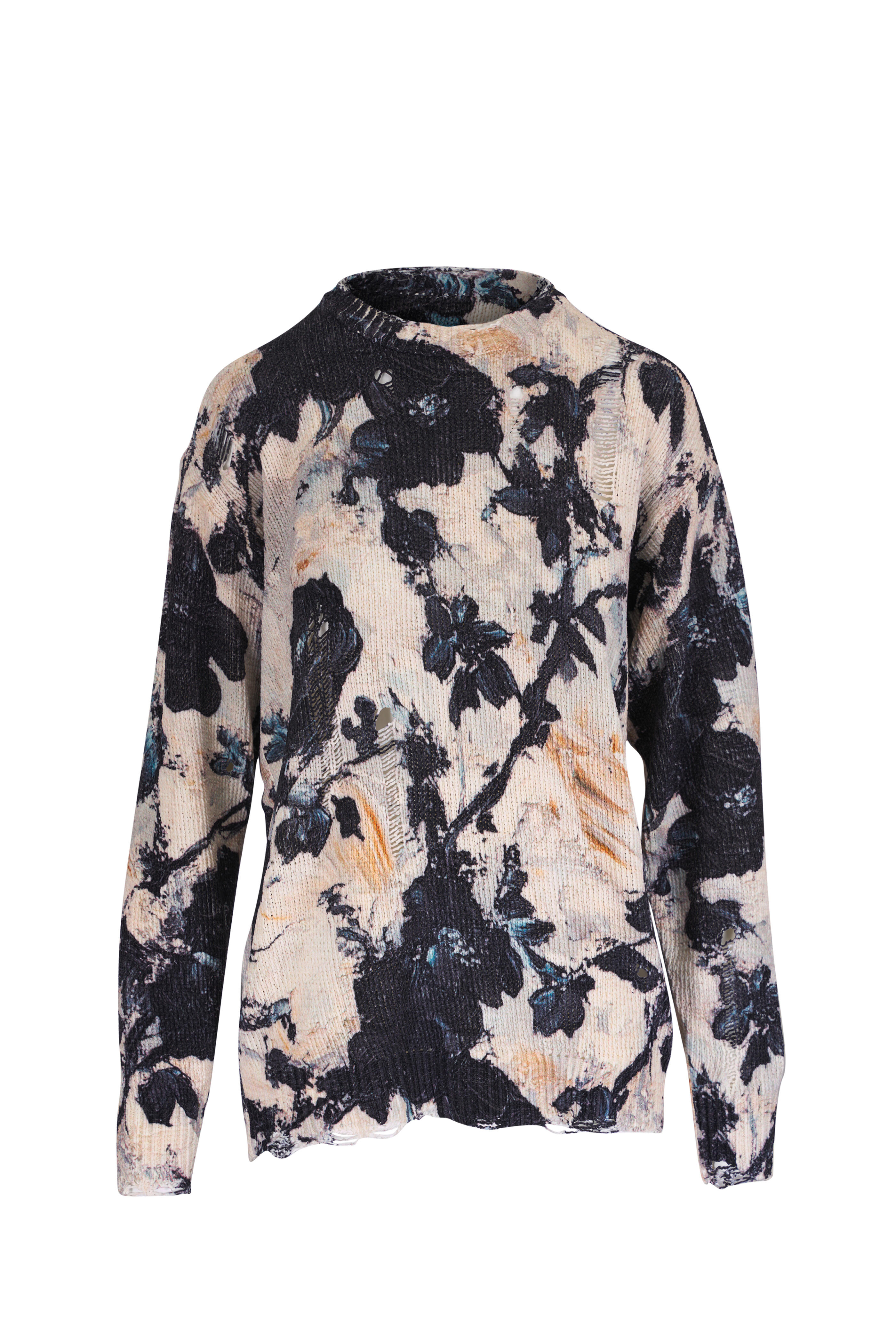 R13 - Printed Boyfriend Black & Cream Distressed Sweater
