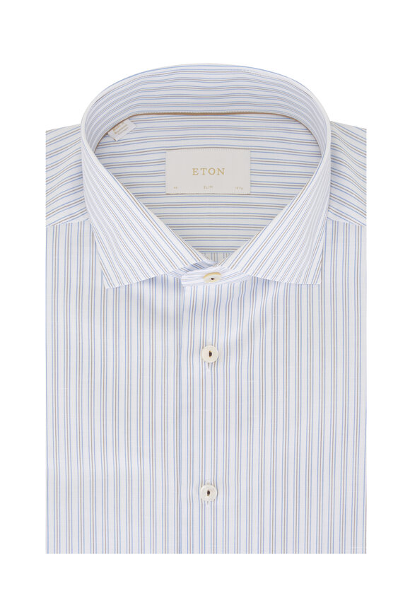 Eton Brown & Blue StrIpe Cotton & Linen Dress Shirt