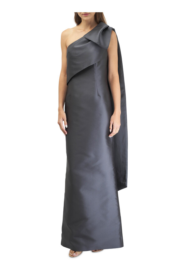 Olivine Gabbro - Charcoal Gray Ribbon One-Shoulder Evening Gown