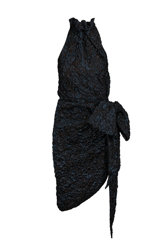 Balmain Blue Floral Jacquard Asymmetrical Drape Midi Dress - view 1