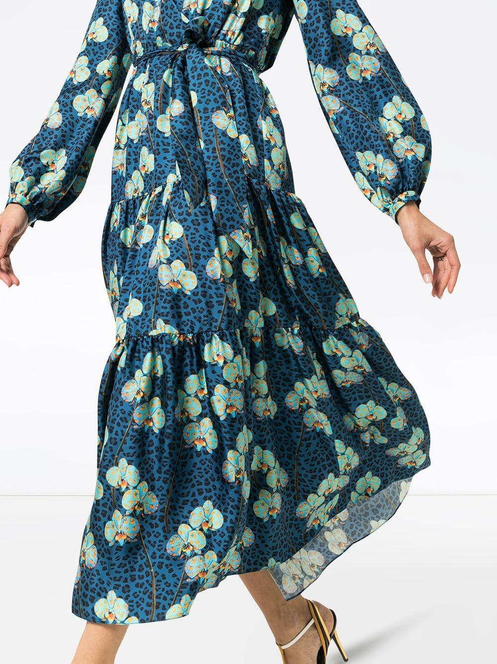 Borgo De Nor - Turquoise Silk Leopard Floral Print Maxi Dress