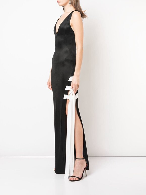 Galvan - Laced Black Jersey Side Tie V-Neck Gown