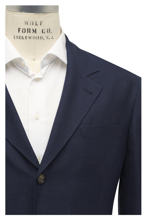 Brunello Cucinelli Navy Plaid Wool, Silk & Linen Sportcoat