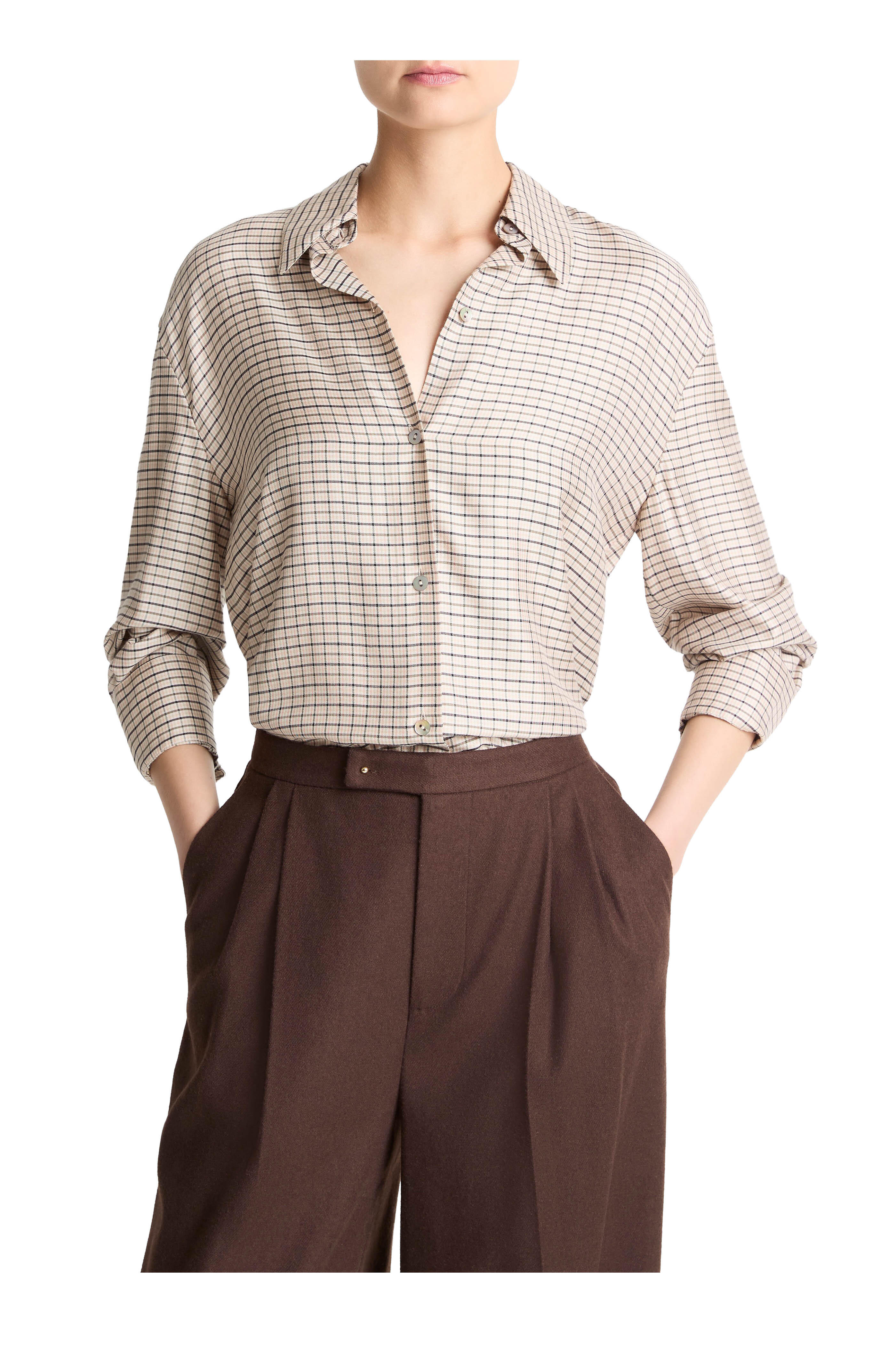 Vince - Taupe Multi Smocked Micro Check Button Down Shirt