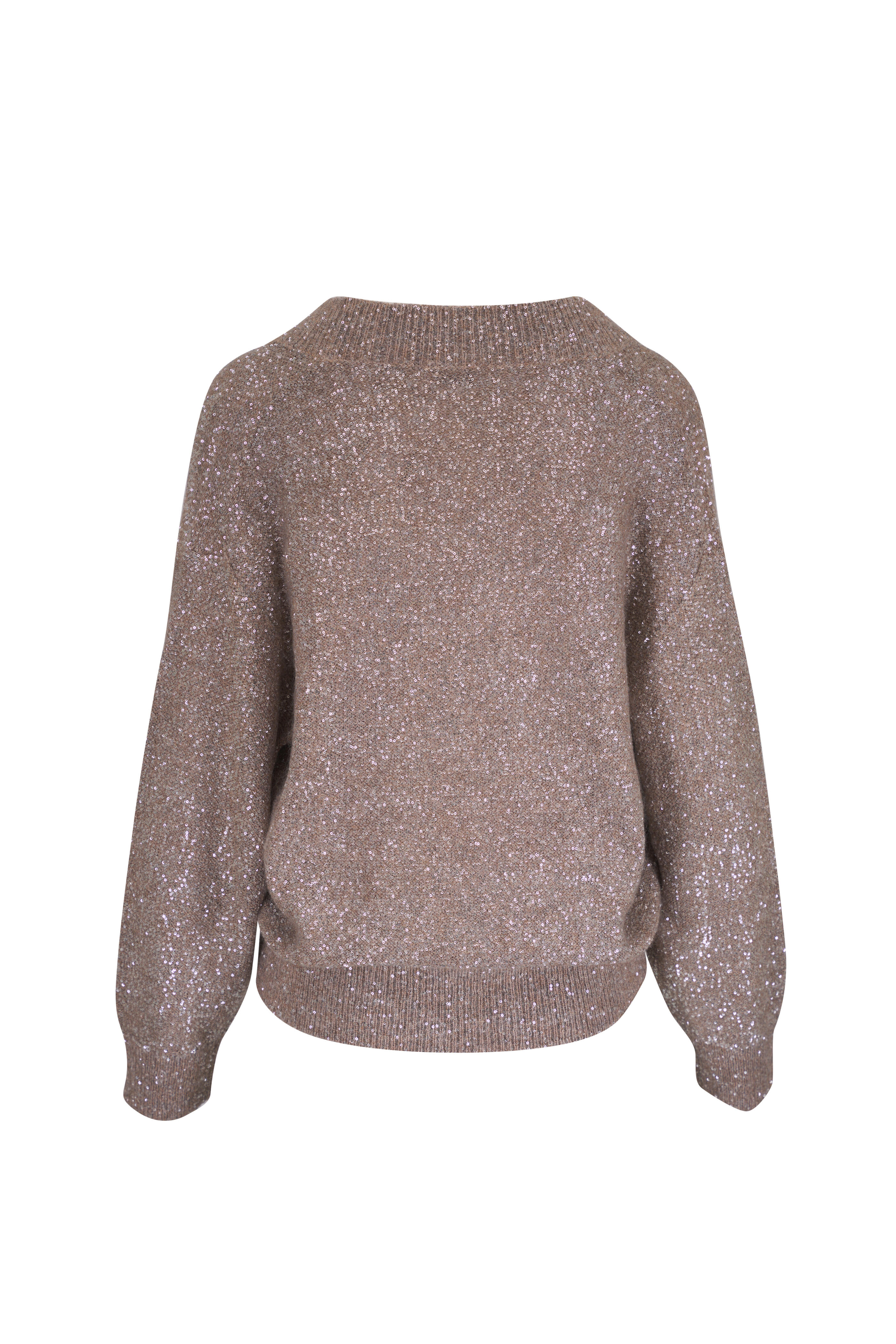 Brunello Cucinelli - Beige Paillette Embellished V-Neck Sweater