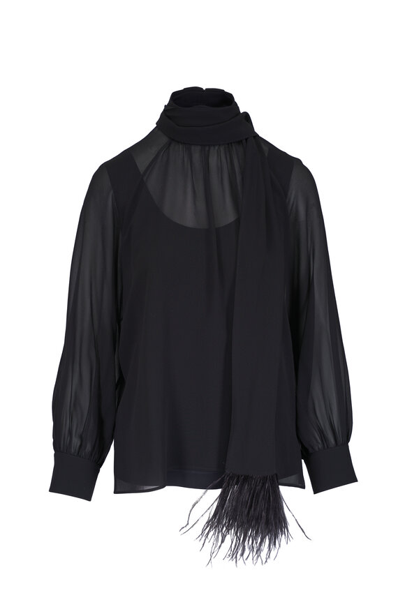 Akris Black Feathered Scarf Mock Neck Blouse