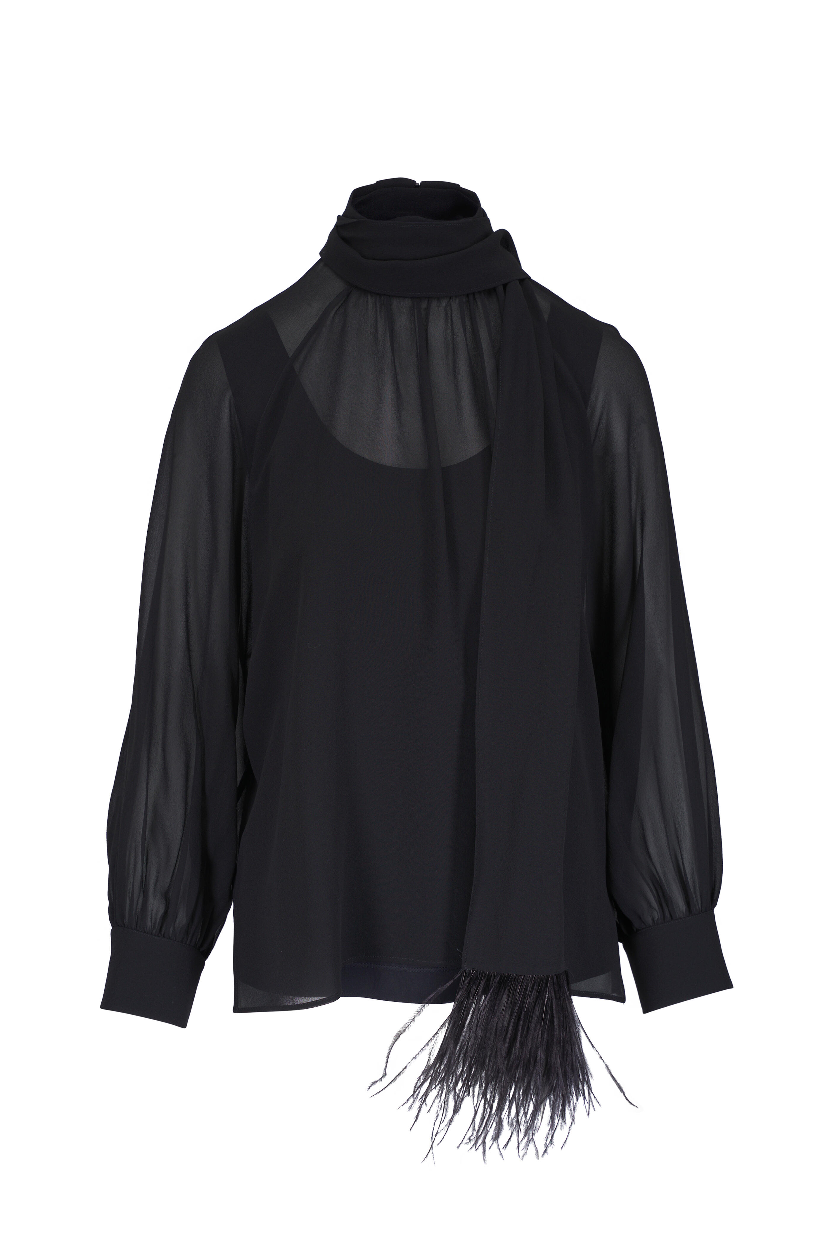 Akris - Black Feathered Scarf Mock Neck Blouse