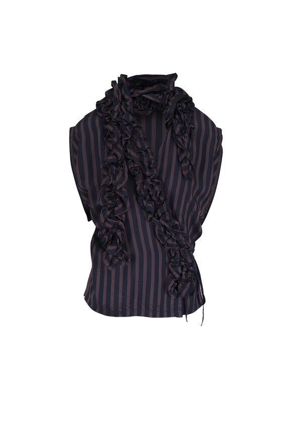 Dries Van Noten Clematis Navy Blue Stripe Sleeveless Ruffle Top