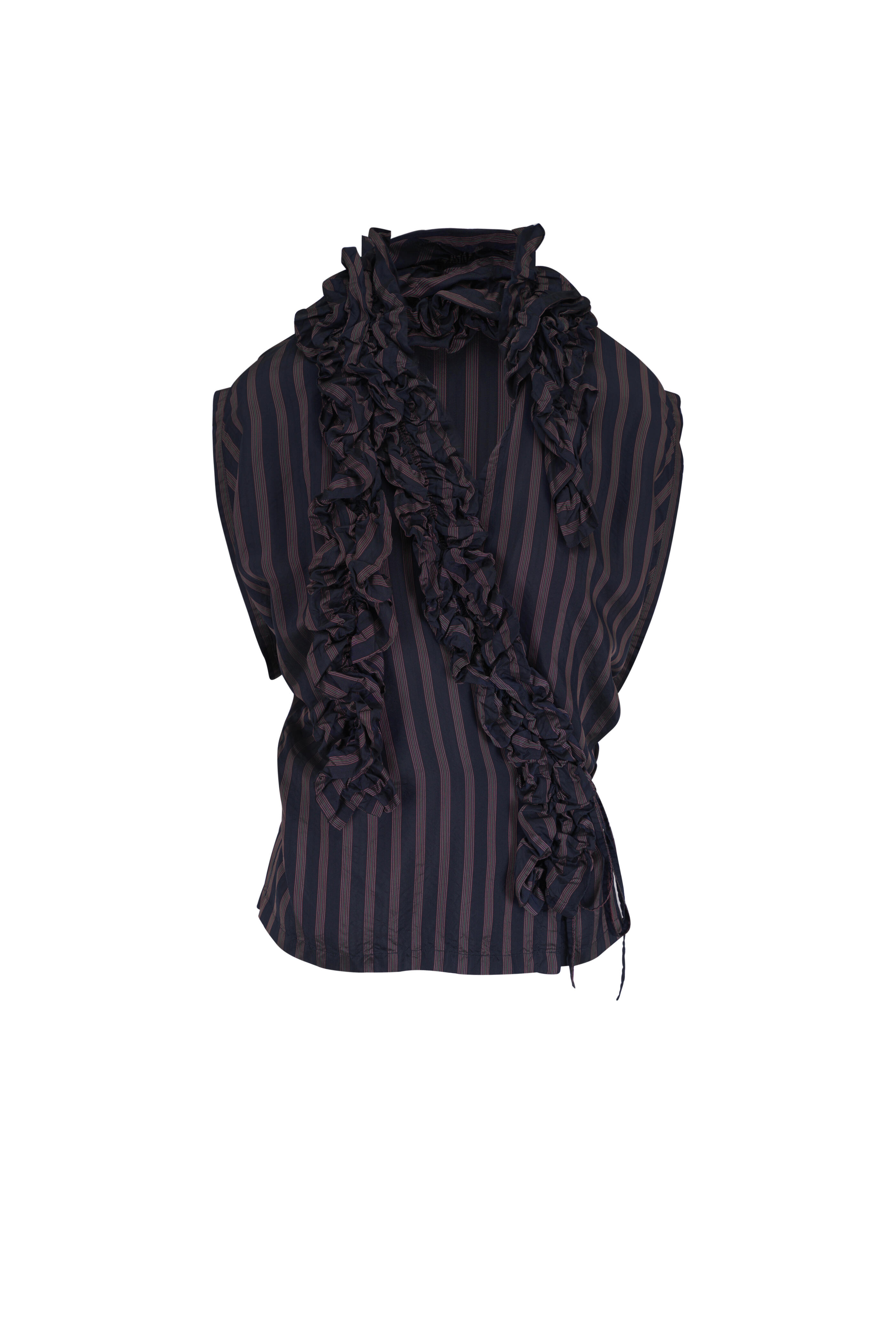 Dries Van Noten - Clematis Navy Blue Stripe Sleeveless Ruffle Top