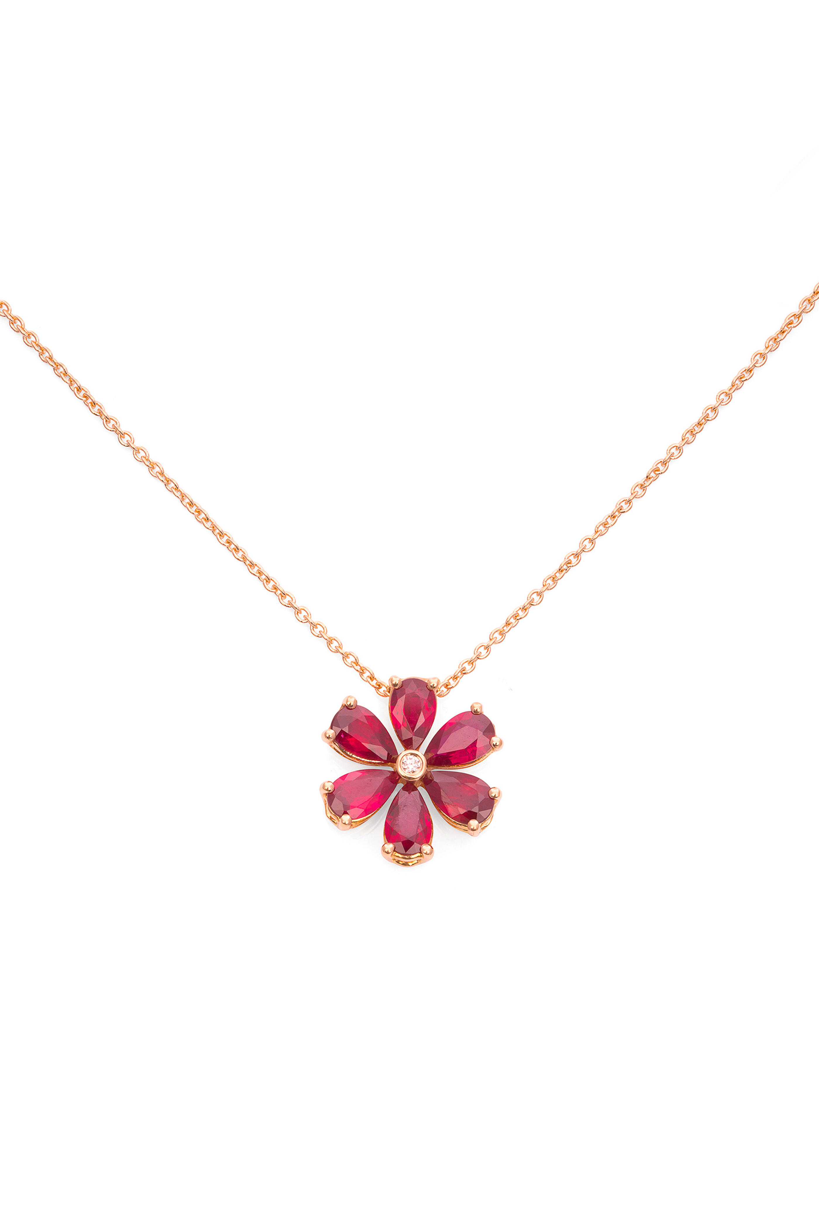 ZYDO - 18k Rose Gold Ruby & Diamond Flower Necklace